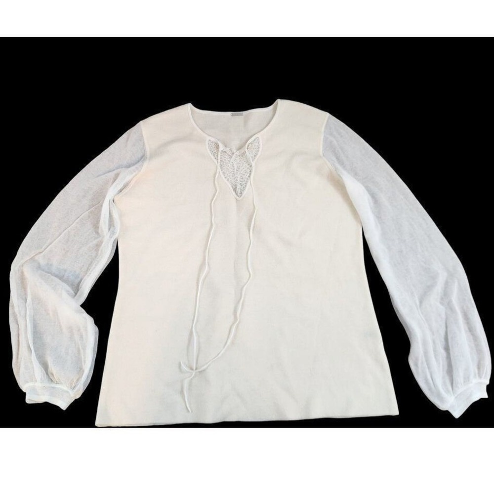 Elie‎ Tahari Merino Wool Lace Up Top Womens Large Cream Sheer Sleeve Excellent